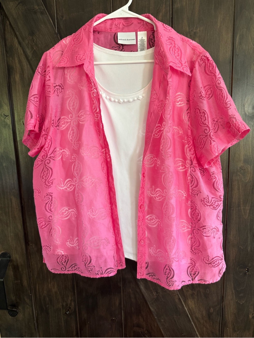 Alfred Dunner Pink Sheer Paisley Button-Down Shirt with White Tank